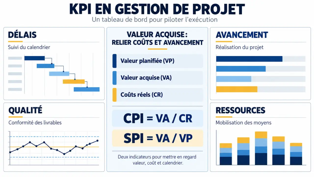 Infographie sur les KPI gestion de projet et les formules CPI et SPI