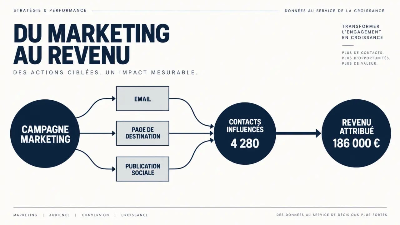 Schéma du flux campagne HubSpot reliant actifs, contacts influencés et revenu pour la gestion de campagnes et reportings entreprise