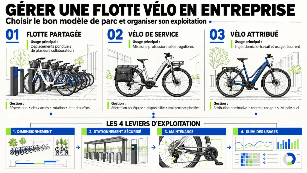 Infographie sur la gestion de flotte vélo en entreprise et les différents modèles de parc