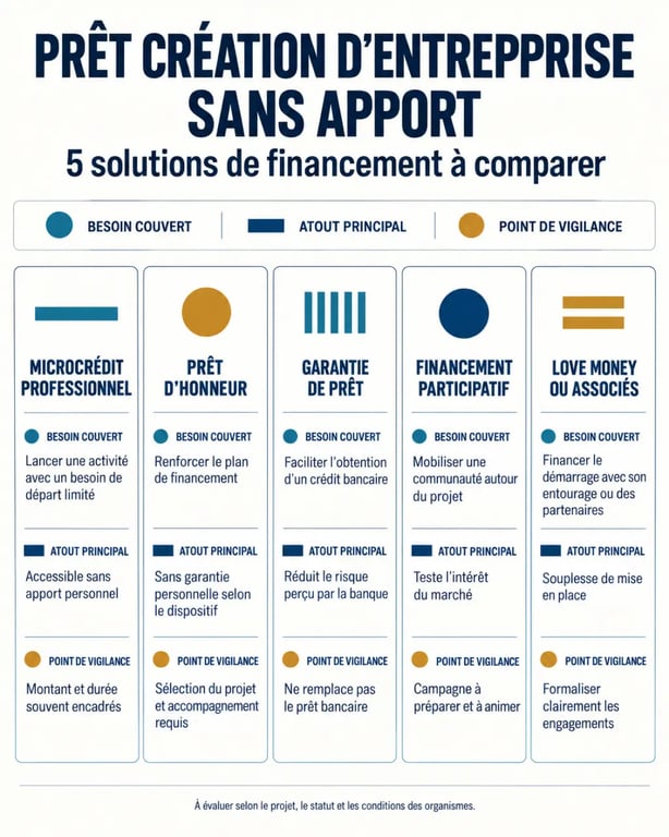 Comparaison des solutions de financement pour un prêt création entreprise sans apport