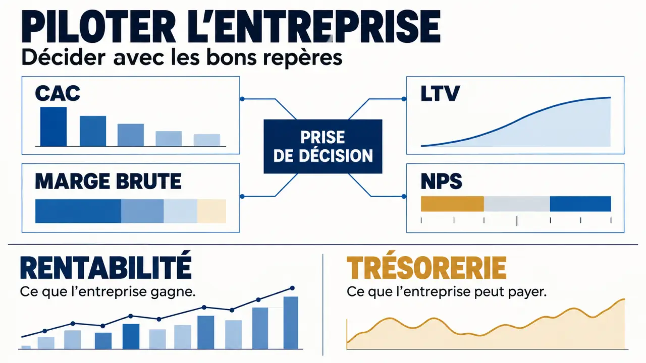 Conseil entreprise Scalora Business : visualisation des KPI CAC, LTV, marge brute et NPS