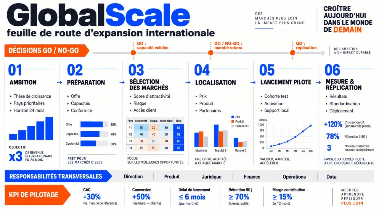 Roadmap de stratégie expansion internationale GlobalScale avec sélection des marchés, pilote et KPI