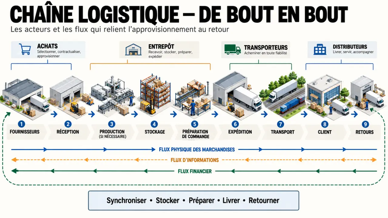 Infographie de la chaîne logistique, ses étapes, ses acteurs et ses trois flux