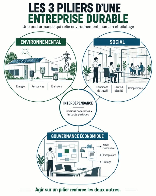 Entreprise développement durable : représentation des trois piliers environnemental, social et économique