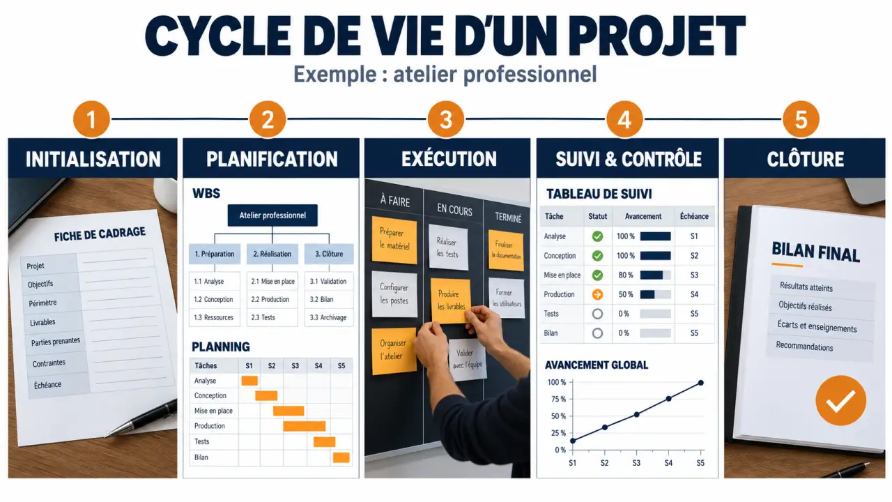 Apprendre la gestion de projet avec une illustration des cinq phases du cycle de vie d’un projet