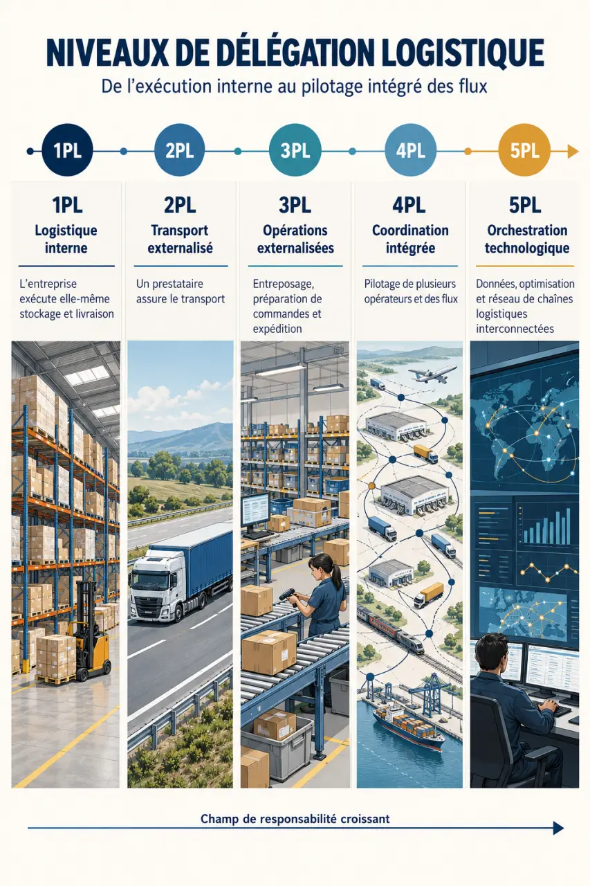 Infographie des niveaux de prestataire logistique de 1PL à 5PL