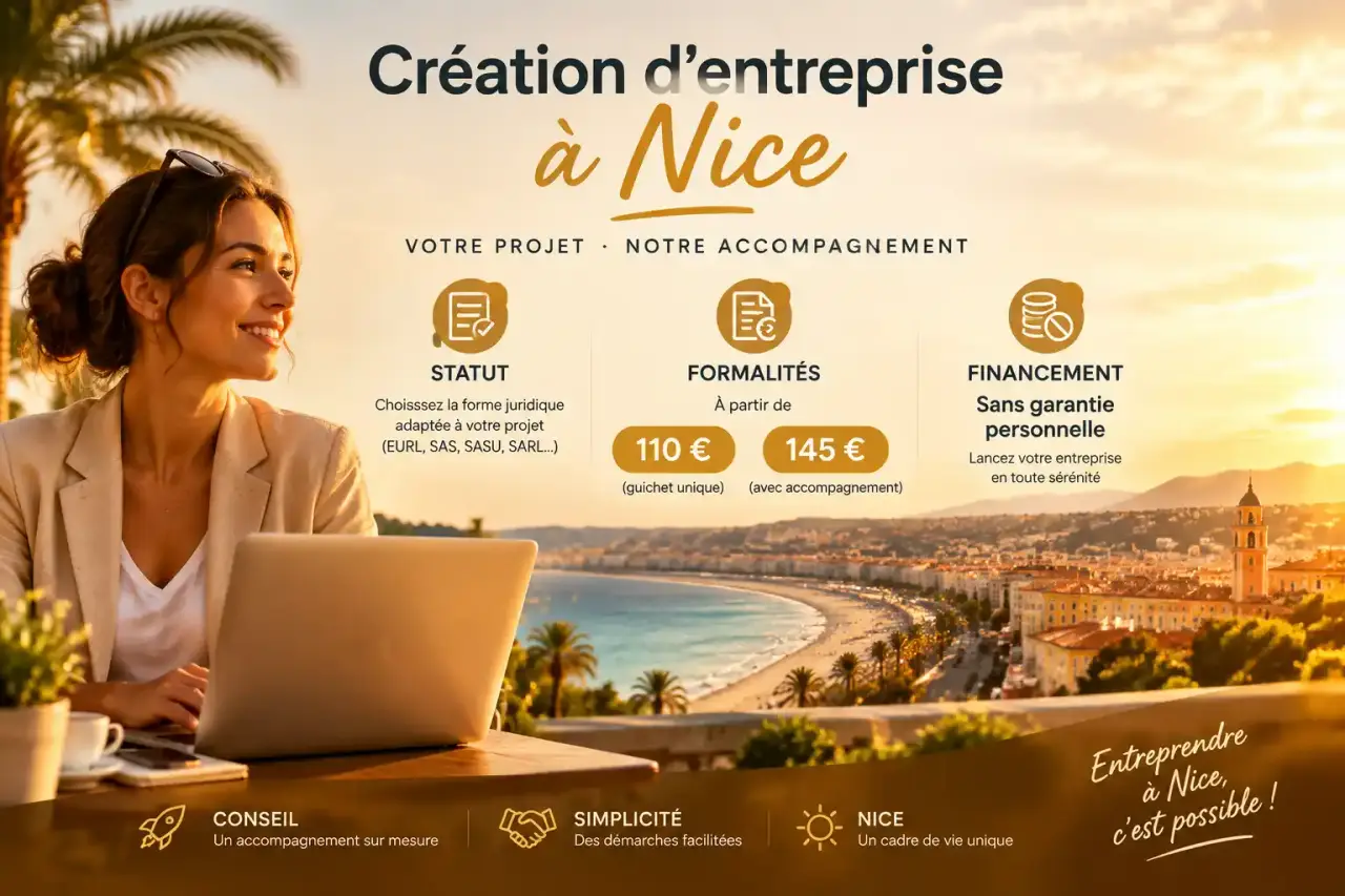 Création d'entreprise à Nice : statut, formalités à 110 € ou 145 € et financement sans garantie personnelle